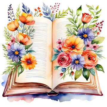 open book with flowers fantasy delicate watercolor clipart transparent background png