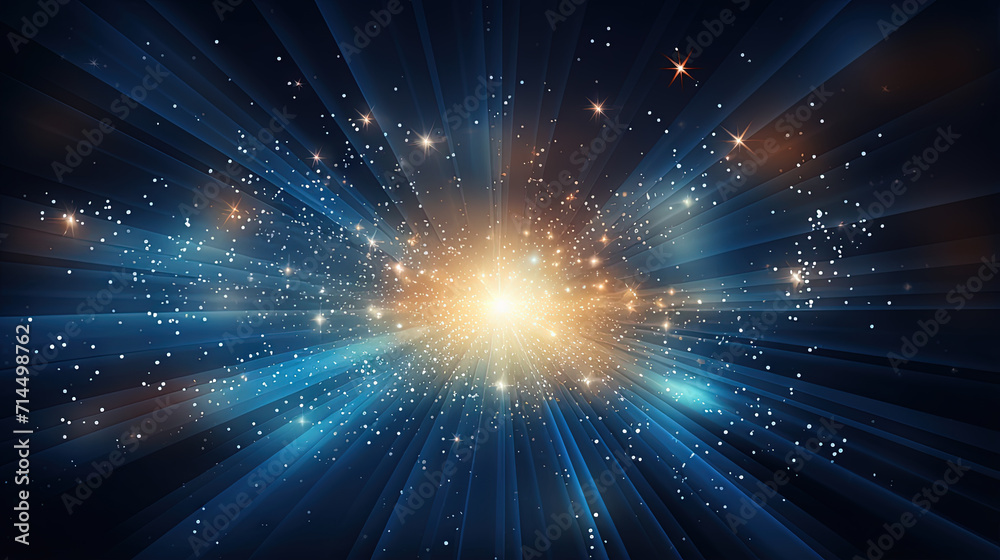 Poster abstract backgound with blue and orange light rays. god rays or light burst with bokeh