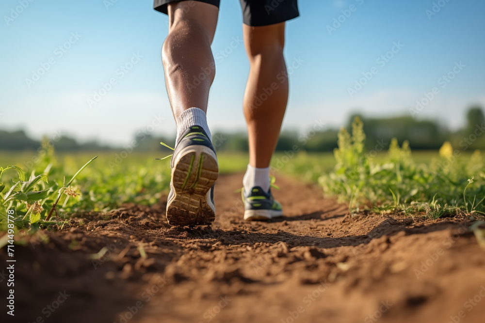 Wall mural close up legs with sports shoes running on a track, waking. feet on road. natural light. generated a