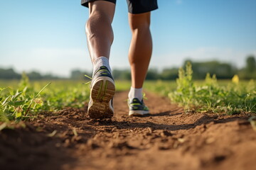 Close up legs with sports shoes running on a track, waking. feet on road. Natural light. Generated AI