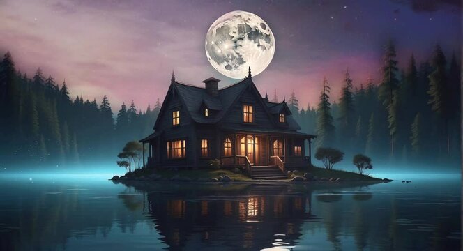 an old house in the middle of a lake with a forest backdrop at night