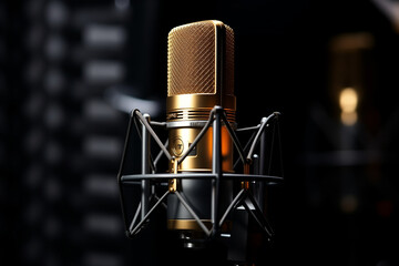 studio condenser microphone, isolated on black, Studio microphone and pop shield on mic in the empty recording studio with copy space, Ganerative AI - obrazy, fototapety, plakaty