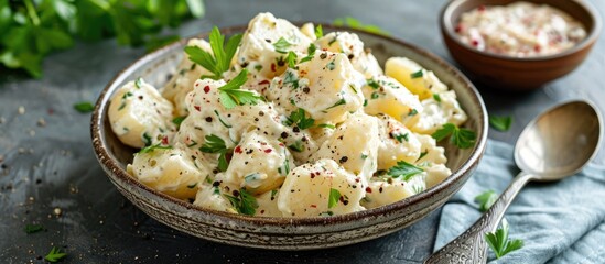 Rustic-style potato salad with mustard seeds and white filling.