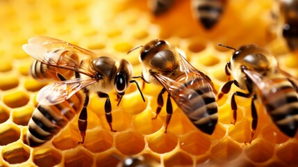 Close up view of the working bees on honey cells. Beekeeping, summer, Farming concepts.