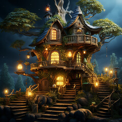 A_cozy_wooden_treehouse_hideaway_shelter_for_a_lone_wiza