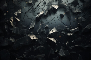 Graphic resources. Abstract and futuristic black background with copy space. Broken and explode black material particles and fragments - obrazy, fototapety, plakaty