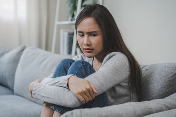 Sad, unhappy. Alone asian young woman, girl expression face thinking about problem, difficulty, feeling failure and exhausted, suffering from loneliness, grief sorrow and bad relationship or break up.