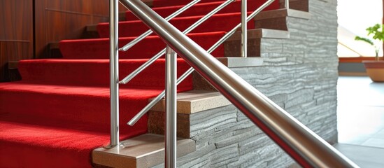 Contemporary stainless steel handrail on external stairs with red-brown stone carpet.