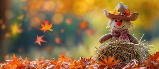Thanksgiving joy with scarecrow, hay bale, and autumn leaves.