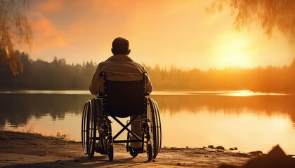 Fototapeta na wymiar Man in wheelchair by river at sunset