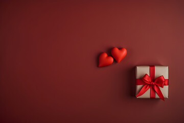 Valentine's day background with red hearts and gift box on red background