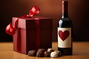 Valentine's Wine Bottle Two Heart Shaped Chocolate Gift Box with Red Ribbon And the envelope on the red background has a white heart.