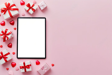 Tablet with white blank screen and gift boxes on pink background. Valentine's day concept.