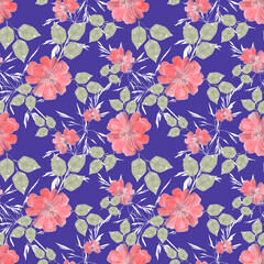 Seamless retro floral pattern. Pink flowers on a lilac background. 
