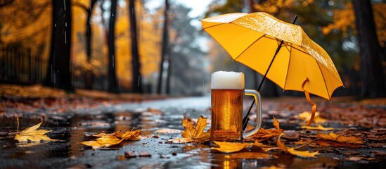 A yellow umbrella is on the rainy street with fallen autumn leaves, next to a foamy beer mug.