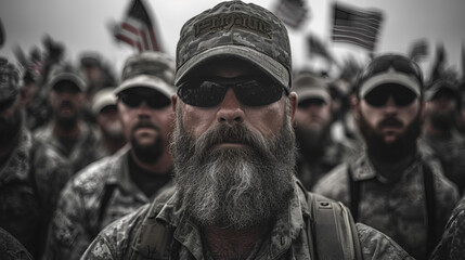 Fototapeta premium Political polarization - political divide - hypothetical civil division - national crisis - political rally -rural people listening to populist leader give speech 