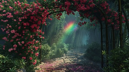 Enchanted Gardens: Rose Vines, Blooming Flowers, Birds, and the Vibrant Rainbow.