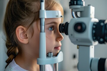 Close up of an ophthalmologist checks the eyesight of a preschooler, annual examination
