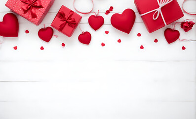 Valentine's day background with red hearts, gift boxes and decorations on white wooden table