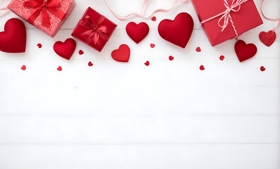 Valentine's day background with red hearts, gift boxes and decorations on white wooden table