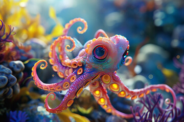 Fototapeta na wymiar Colorful and friendly sea creatures with fins, tentacles and underwater themed details