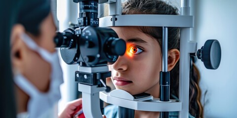 Close up of an ophthalmologist checks the eyesight of a preschooler, annual examination - obrazy, fototapety, plakaty