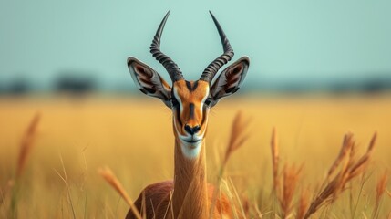 an antelope that is standing in front of a grassland, in the style of minimalist imagery, emphasis on facial expression, 32k uhd, stereotype photography, sketchfab, elegant, emotive faces, naturalisti