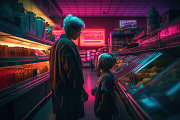 Family of mother and son looking cool in 80s styled synthwave store. People in supermarket - obrazy, fototapety, plakaty