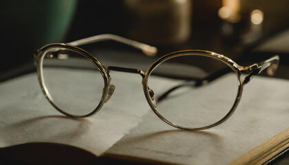 Glasses, metal, frame, on paper, close-up