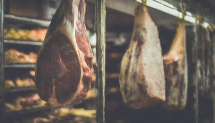 The usual chunks of meat hanging, fridge, butcher store, close up - obrazy, fototapety, plakaty