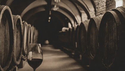 Wine workshop, lined barrels, glasses, red wine, sepia photo, close-up