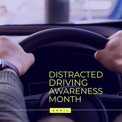 Composition of distracted driving awareness month text over caucasian man driving car