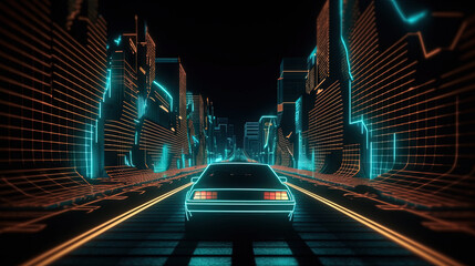 Car ride on the neon road in 80s retro synthwave style - obrazy, fototapety, plakaty