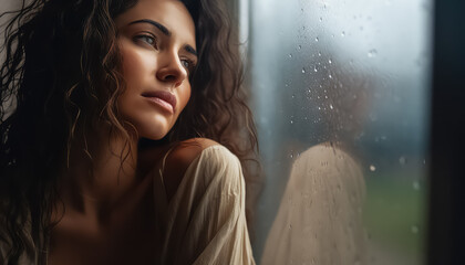 Sad woman sitting by window with rain, March 8 World Women's Day - obrazy, fototapety, plakaty