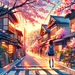Sakura Morning Stroll Anime Style Japanese Street Scene
