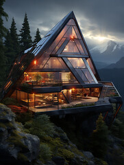 a_glowing_ship_shaped_futuristic_house_in_the_mountains