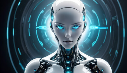 white cybernetic artificial intelligence robot - obrazy, fototapety, plakaty