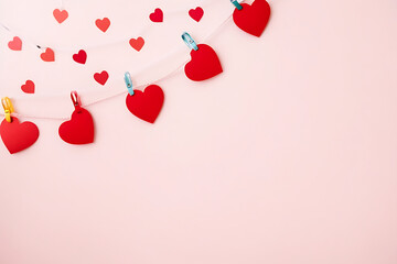 Valentines day concept with red paper hearts and clothespins on pink background