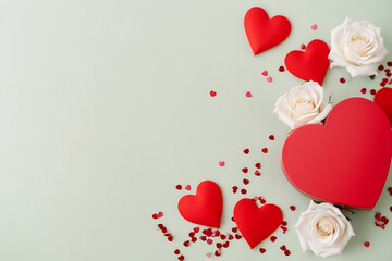 Valentine's day greeting card with white roses, red hearts and confetti on light blue background. Top view with copy space