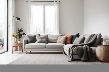 Fototapeta premium Interior home design of modern living room with gray sofa and houseplants on white wall with copy space