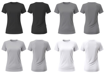 Set of Black grey white front, back t-shirt woman cutout on transparent background. Mockup template product presentation.