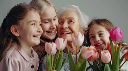 Happy women's day! Children daughters are congratulating mom and grandma giving them flowers tulips.Granny, mum and girls smiling on light grey background. Family holiday and togetherness.  