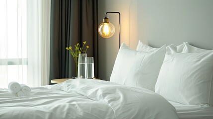 Hipster modern hotel room during the day with bright white sheets on king size bed. on the side table is a glass of sparkling water and a round bulb light above the side table  