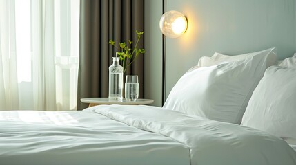 Hipster modern hotel room during the day with bright white sheets on king size bed. on the side table is a glass of sparkling water and a round bulb light above the side table 