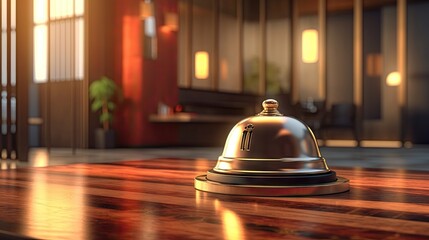 Modern hotel front desk, service bell foreground, high quality, ultra detailed,  