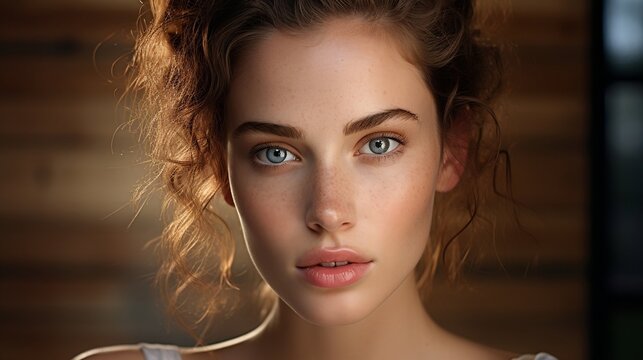 Portrait of a beautiful young woman with blue eyes and curly hair