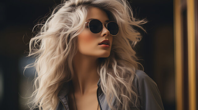Beautiful blonde girl in sunglasses on a dark background. 