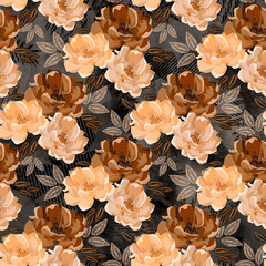 Seamless floral pattern. Yellow, brown flowers on a dark gray-brown background.  - 714505175
