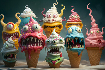 Sweet and fun monsters inspired by different ice cream flavors and toppings