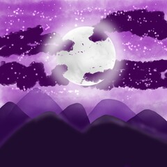 A full moon hangs in a purple sky above snow-capped mountains. Flat design nature background. Abstract painting